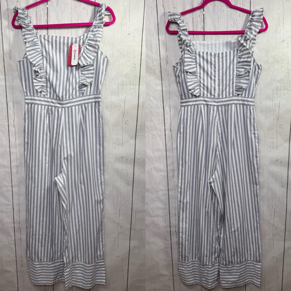 PatPat Gray White Striped Ruffle Jumpsuit Size M Cotton Coastal Preppy Resort